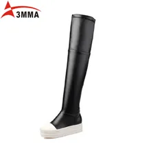 3MMA Grande Taille Patchwork Blanc Bout Rond Sur Le Genou Bottes femmes Appartements Plate-Forme Slip sur Cuissardes En Cuir Souple À Long Bottes