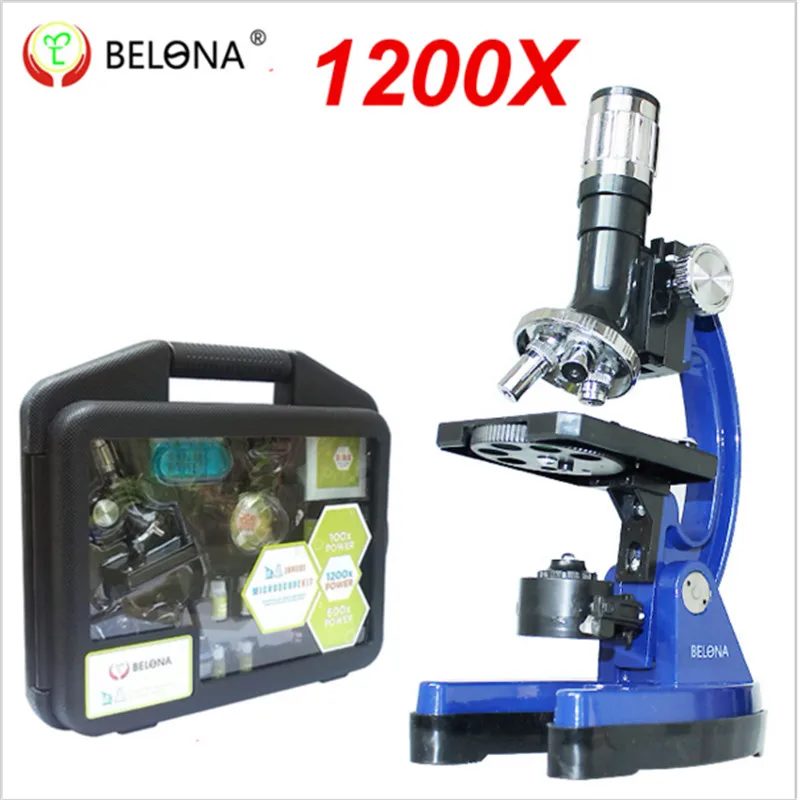 Portable 1200x Beginner Kit microscope for child gifts with LED light 10pcs prepared glass microscope slides and Carry Box