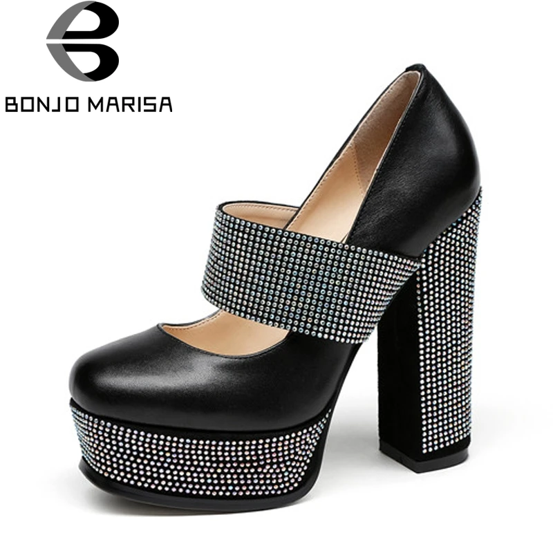 

BONJOMARISA New women's Genuine Leather Square High Heel Platform Shoes Woman Casual Party Spring Pumps Black size34-39