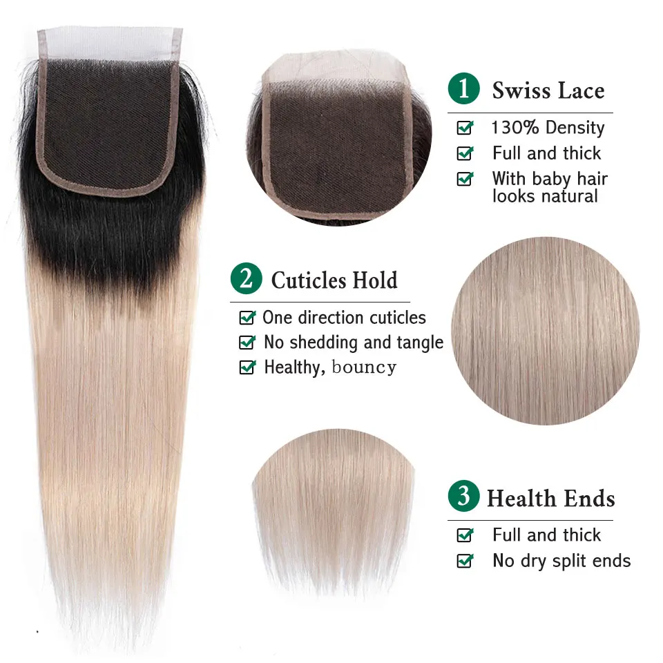 1B/Grey Ombre Bundles With Closure SEXAY Colored Human Hair Silver Grey Brazilian Straight Hair Remy Hair 3 Bundles With Closure