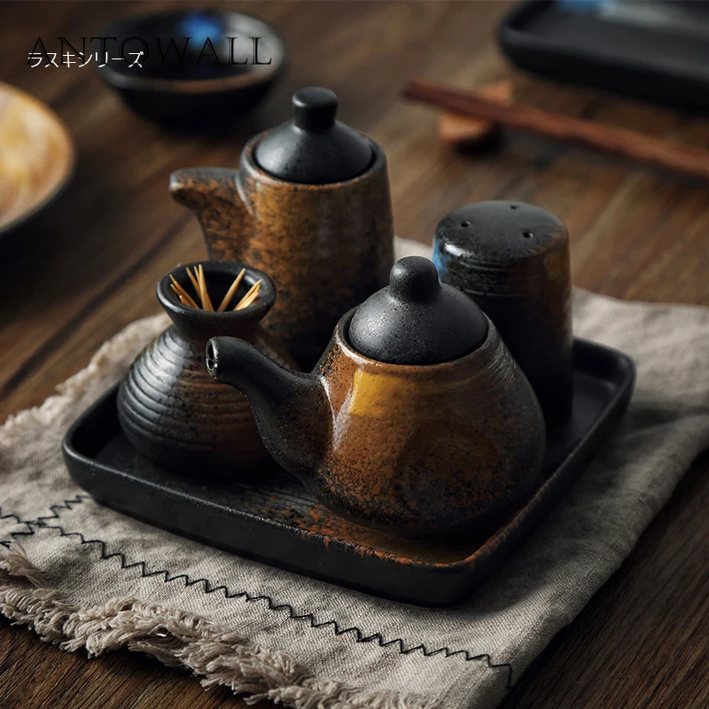 

ANTOWALL Chinese retro restaurant seasoning can soy sauce bottle toothpick holder pepper bottle set