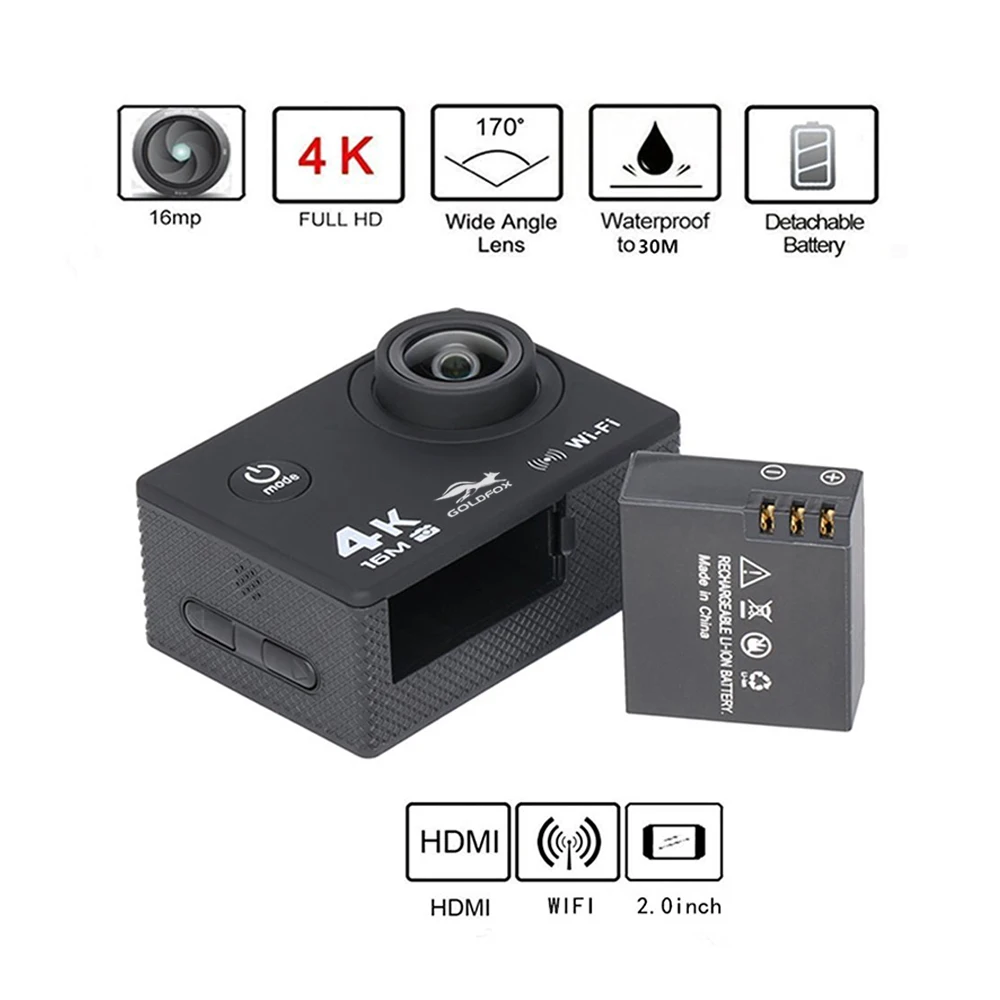 Экшн-камера 4K Ultra HD wifi 16MP Спортивная камера 1080 P/30fps 170 объектив Дайвинг Подводный Водонепроницаемый 30 м DV шлем видео камера