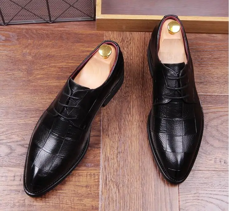 Leather Shoes men's business dress work shoes black plaid casual shoes