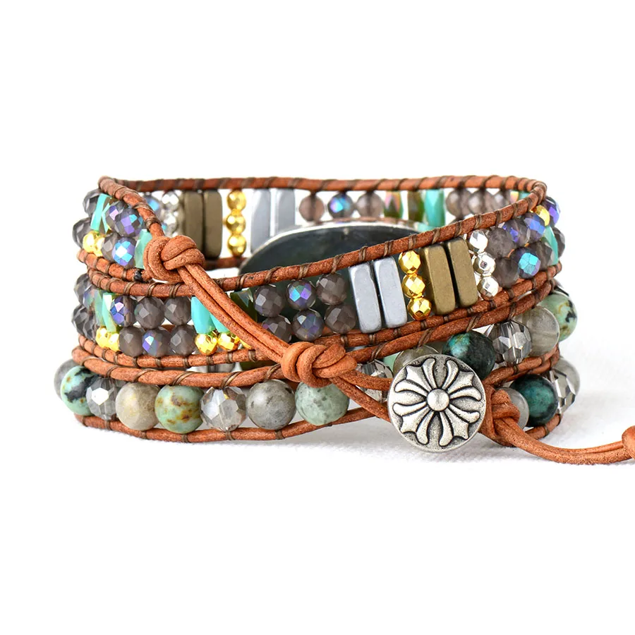 Exclusive Women Bangles Bracelets Natural Stone Crystal 3 Strands Leather Wrap Bracelet Femme Bracelets FemmeGifts Dropship