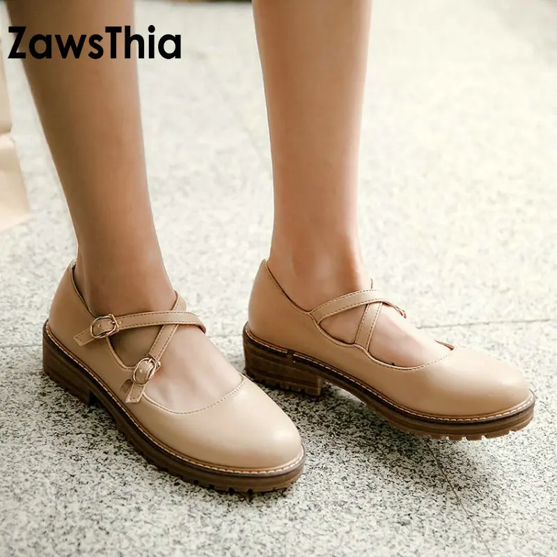 

ZawsThia sweet round toe woman casual flats with crossed buckle strap lolita women dance ballet shoes lady mary janes size 33-43