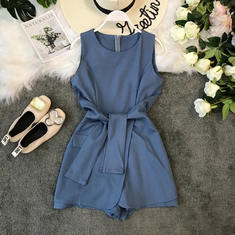 

Pure Color Simple Round Collar Sleeveless Irregular Wide-legged Playsuits Women Sexy Jumpsuits F445
