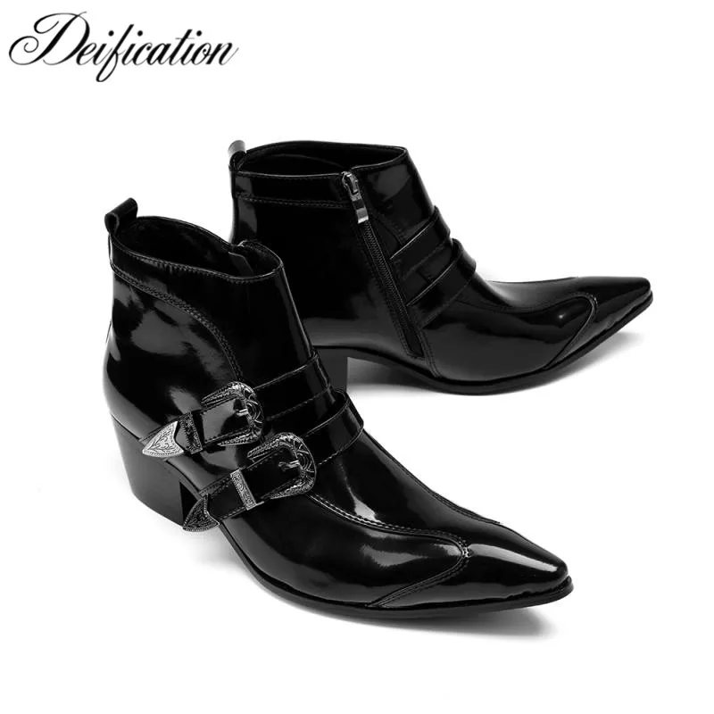 

Deification Handmade Pointed Toe High Heels Chelsea boots Military Belt Buckles Zipper Men Ankle Boots Cowboy Men&#39s Dress Sho