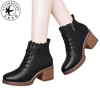 

Guciheaven 2020 Thick High Heels 6cm Winter Women Ankle Boots Short Plush Warm Pumps Lace-up Zipper Casual PU Leather Shoes