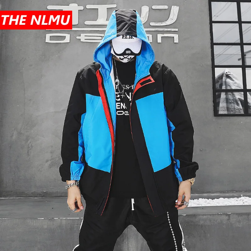 

Spring Hip Hop Windbreaker Jacket Mens Harajuku Color Block Patchwork Jacket Coat Zip Hood Track Jacket Streetwear Student WG225