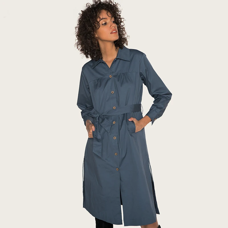 

Autumn Spring New Fashion Slim Dress Women Turn-down Collar Button Sashes Shrink Waist Pockets Party Office Dress Vestidos