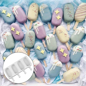 

Behogar 4 Grids 25.8cm Reusable Silicone Ice Cream Bar Mold Maker Frozen Ice Pops Moulds 10pcs Sticks for DIY Popsicle Ice Lolly