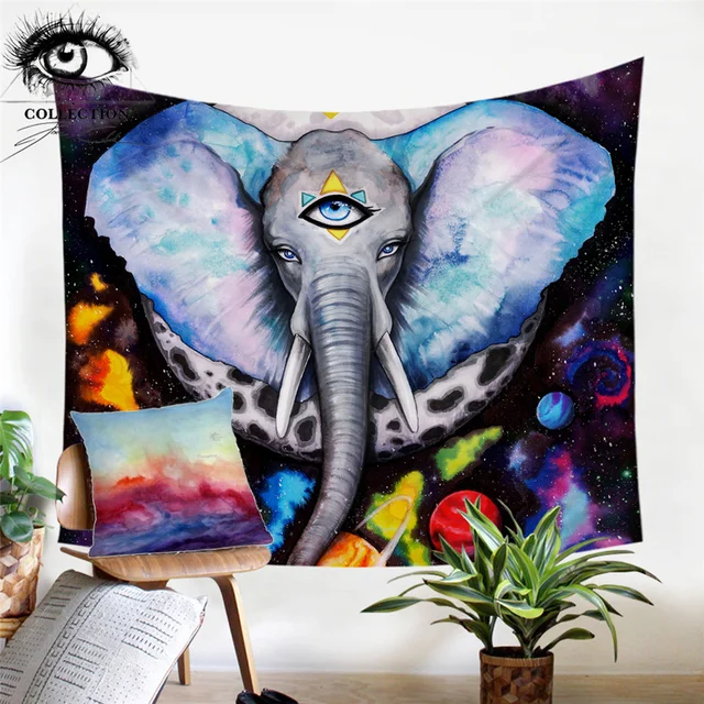 Alien Elefant by Pixie Cold Art Tapestry Blue Elephant Wall Hanging Animal Galaxy Wall Carpet Colorful Planet tapiz 150x200cm 1