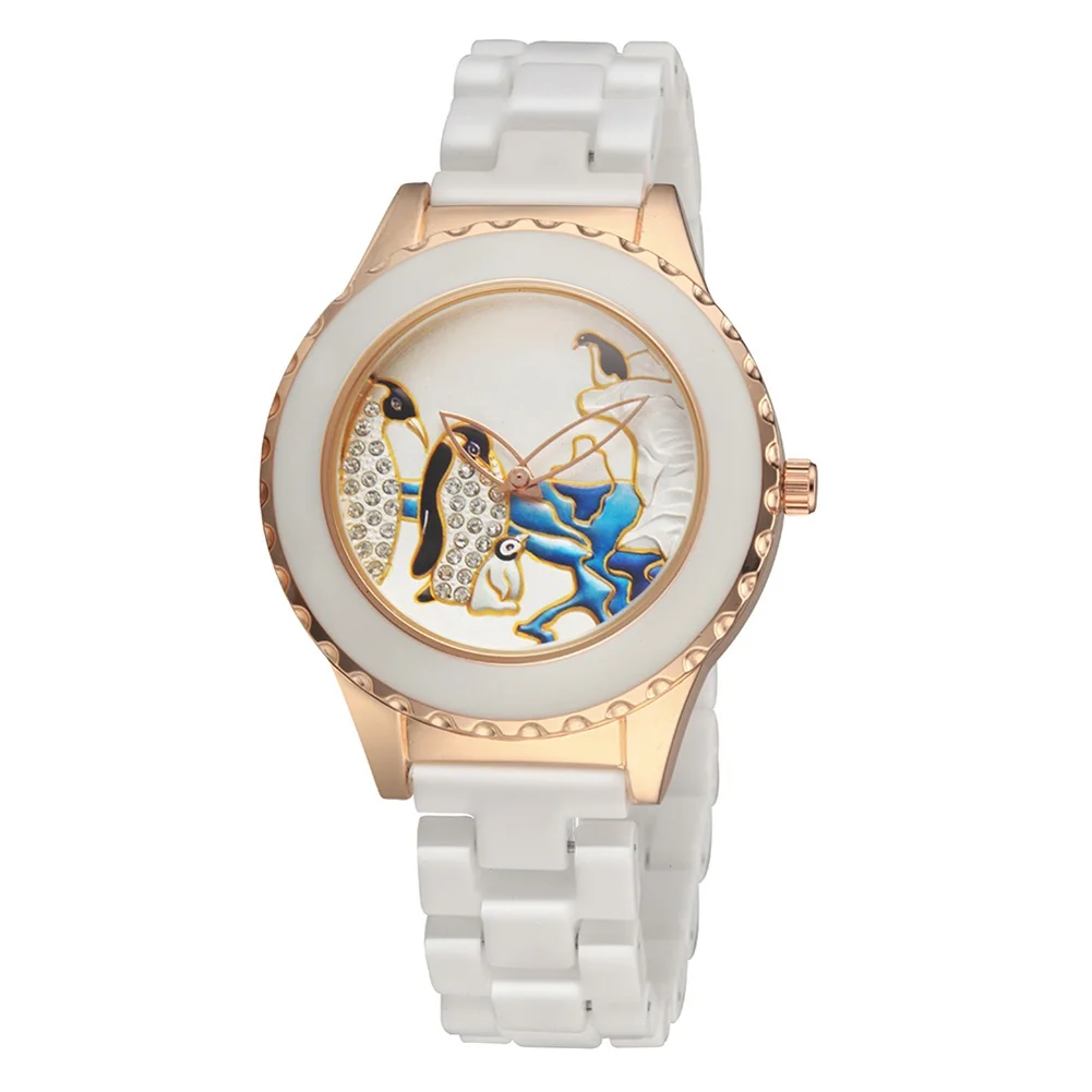 

Fashion Women's Watches Personality Cute Penguin Emboss No Second Dial Ceramic Lady's Quartz Watches Wrist Watches Gift SL