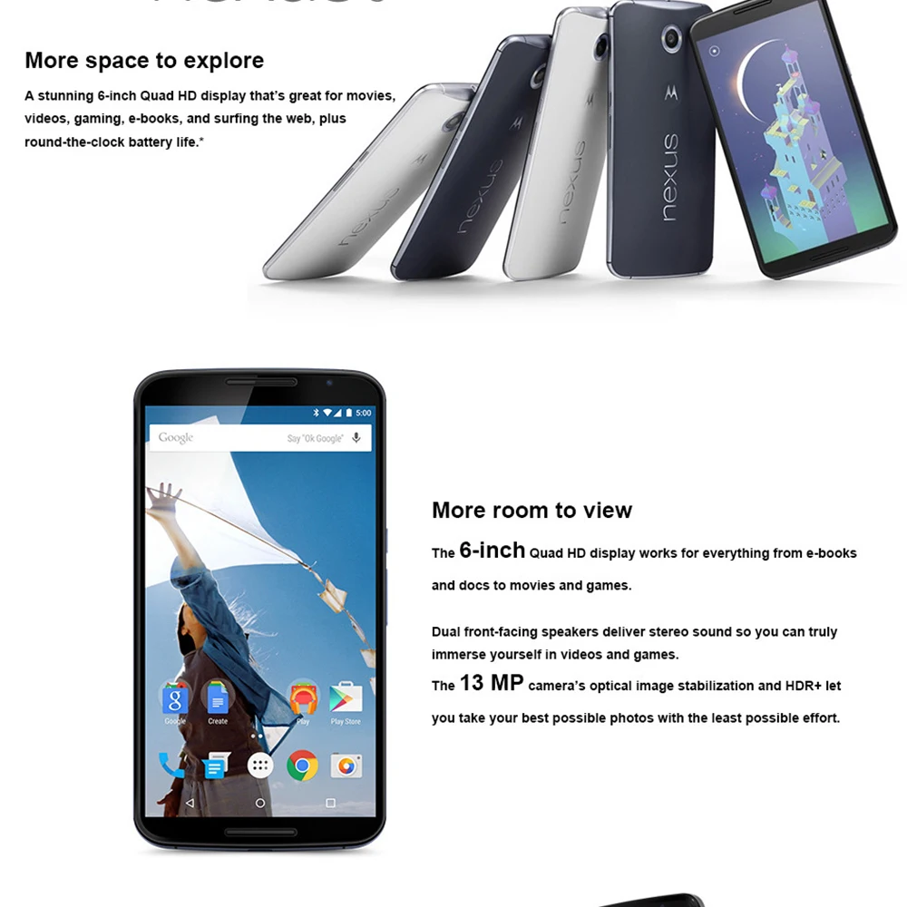 Разблокированный Motorola Google Nexus 6 XT1103 XT1100 четырехъядерный 3 ГБ ОЗУ 32 Гб ПЗУ 4G LTE сотовый телефон 5,96 дюймов 13 МП 3220 мАч отремонтированный