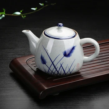 

Retro CHinese hand painted blue and white porcelain pottery handle large teapot high temperature tea pot hotel restaurant 900ml