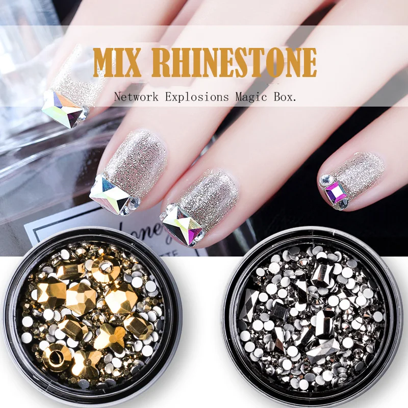 

1 Box Nail Art Round Rectangle Mix Colorful Non Hotfix Rhinestones For Nails 3D Crystal Stones DIY Design Manicure Diamonds