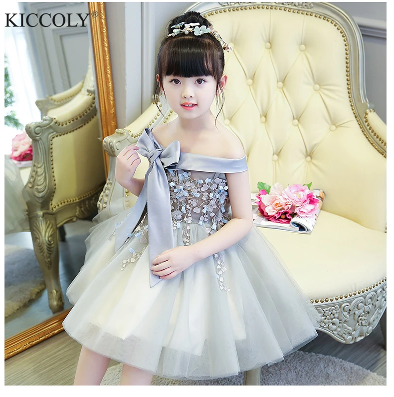 

2017 Shoulderless first communion dresses for girls Vestido Daminha Casamento Luxury Ball Gown Gray Organza Flower Girl Dresses