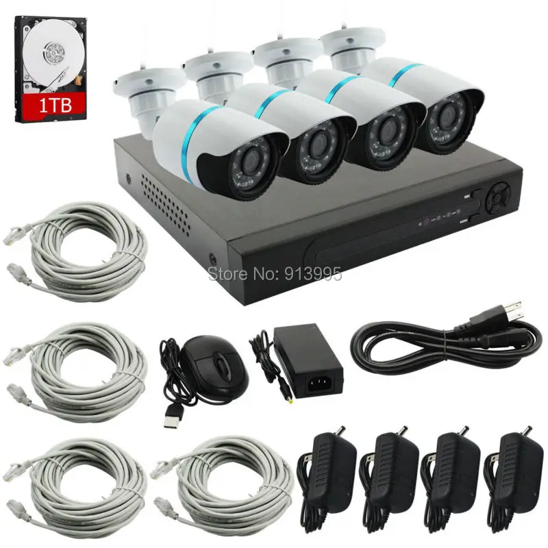 1*1TB HDD 4CH NVR 1080P 2.0MP IP camera IR Night Vision Weatherproof Outdoor Security CCTV Camera System 1080p Surveillance Kit