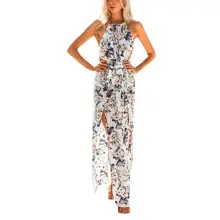 Women Summer Dress Floral Printed Halter Sleeveless Spaghetti Strap Backless Side Split Long Sexy Dresses