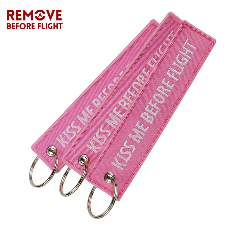 

3pcs/lot Kiss Me Before Flight Key Ring Pink Embroidery Key Fobs OEM ATV Cars Key Chains Luggage Tag for Moto Fans Gift