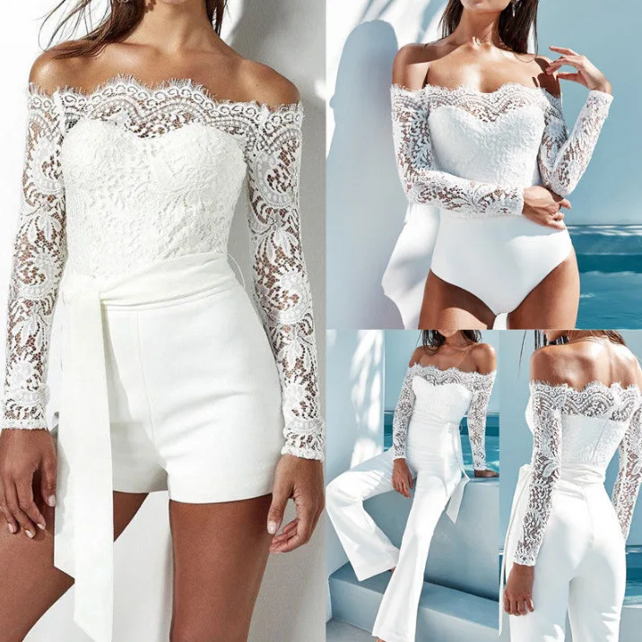 

2018 New Women's Summer Sexy Off Shoulder Long Sleevelace Embroidery Romper Patchwork Bodycon Wide Leg Bodysuit jumpsuit
