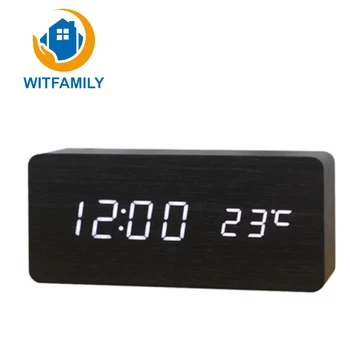 

New Creative Digital Display LED Wood Alarm Clocks bamboo Sounds Control LED Display Desktop Digital Temperature Table Clocks