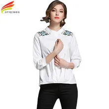 White Women Blouses 2017 Autumn Fashion Embroidery Floral Three Quarter Sleeve Tops Vintage Stand Blusas Femininas Cotton Shirts
