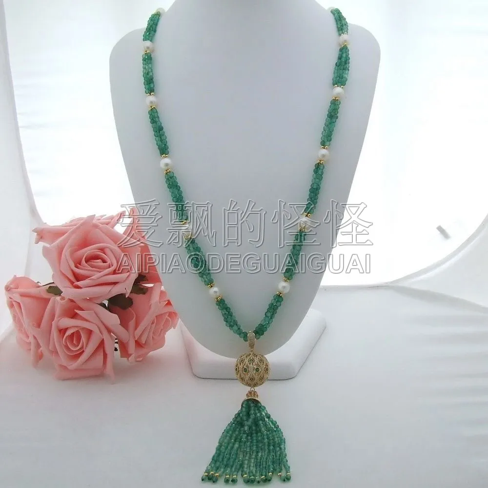 

Women's 33" White Pearl Green Necklace CZ Pendant