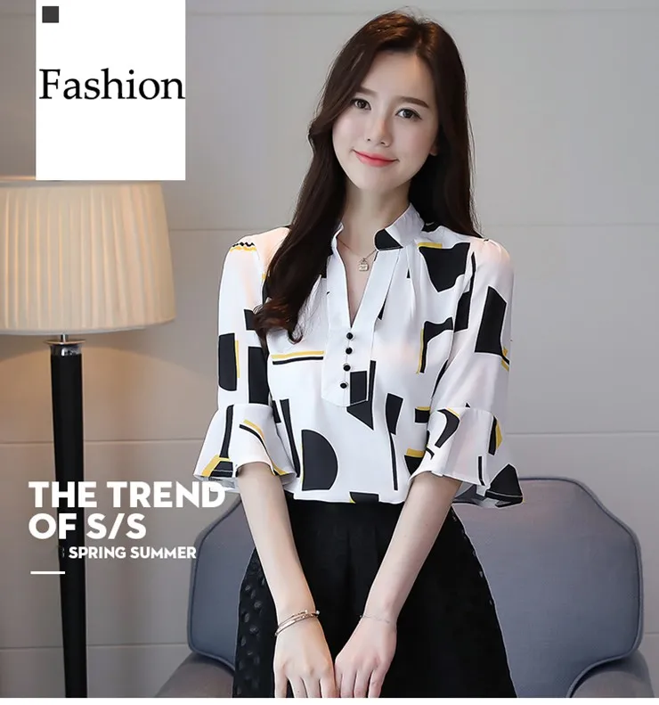 New Style Women Blouses Geometric Pattern Chiffon Blouses Shirts Female Short Sleeve Plus Size Tops Lady 2018 Print Blusa Feminina (1)
