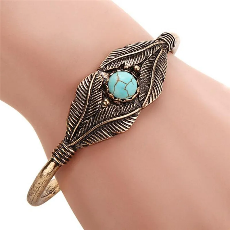 

Boho Open Leaf Bracelet Femme Nature Stone Bangle Charm Tribal Bracelet Women Ethnic Bracelet Indian Native American Jewelry
