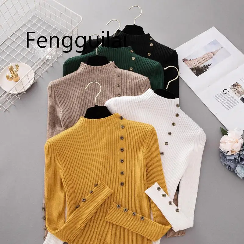 

New Fashion Button Turtleneck Sweater Women Spring Autumn Solid Knitted Pullover Women Slim Soft Jumper Sweater Female Knit Tops