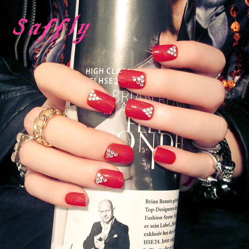 Saffly赤偽爪四角いヘッド偽ネイル自由グルーステッカーquareヘッドsrhinestone偽マニキュアセット色のアートのヒント美容 False Nails Nail Falsefalse Nails Red Aliexpress
