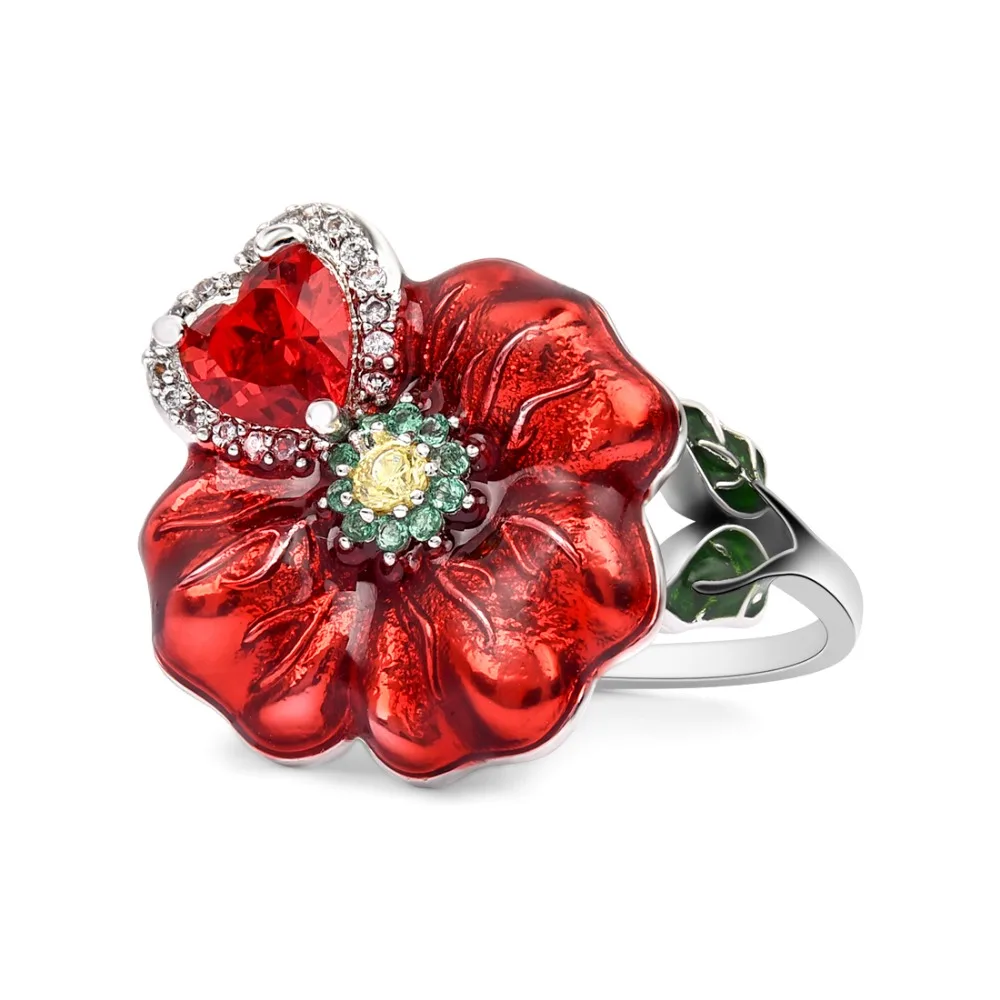 Fashion Creative Red Rose Flower Ring For Women Silver Color Jewelry