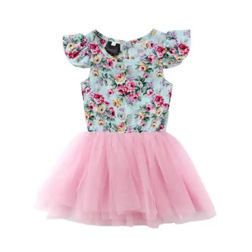 Kids Baby Flower Girl Dress Sleeveless Tulle Party Gown Dresses Enfant Girls Flower Print Lace Patchwork Sundress