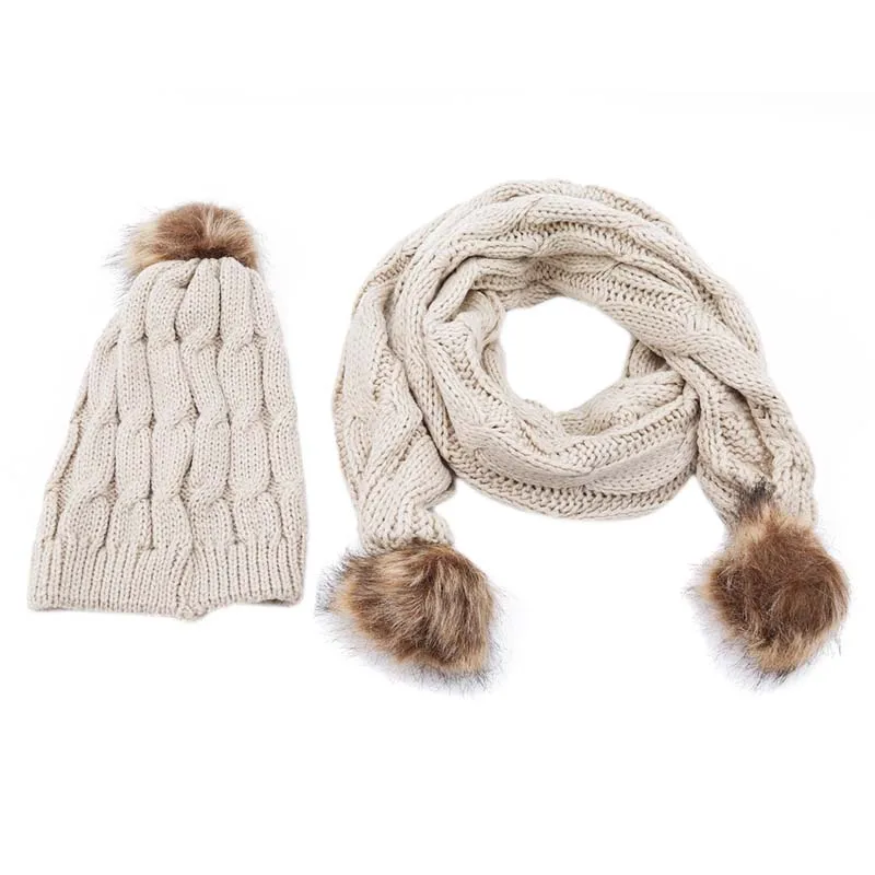 Зимние женские вязаные шапки из двух частей для девочек, однотонные теплые шерстяные шапки, шарфы, костюм женский шерстяной шарф с