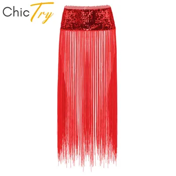 

ChicTry Shiny Sequins Hip Scarf Long Tassels Fringe Belly Dance Skirt Club Party Rave Women Boho Stage Performance Dance Costume