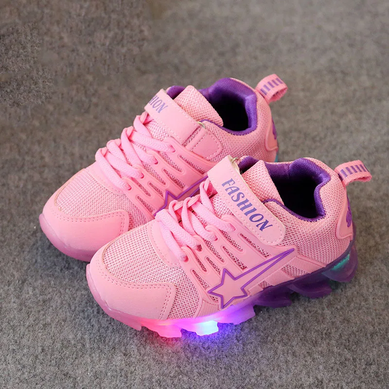 

Children Candy soft Sneakers With Light Spring Autumn Flexible boys girls led net breathable fashion student kids shoes eu 21-30