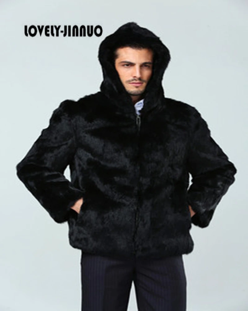 New Real Genuine Natural Whole Skin Rabbit Fur Coat Men Full Pelt