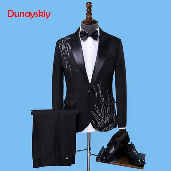 

New Fashion Men Suits black Embroidery Blazers Slim Fit Red White/Black Suits Wedding Business Male Tuxedos Single Buttons Suit