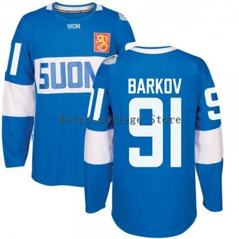

#91 Aleksander Barkov Blue Finland Team 2016 World Mens Hockey Jersey Embroidery Stitched any number and name Jerseys