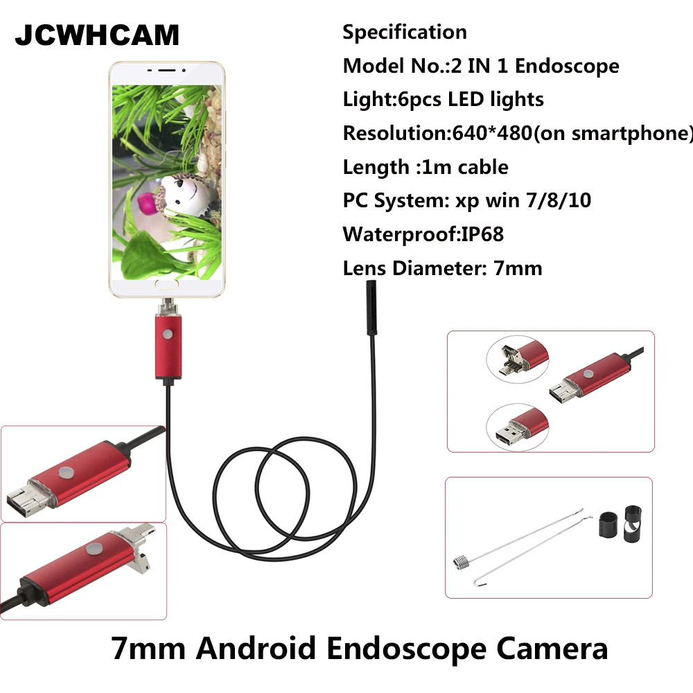 JCWHCAM 7 미리 메터 HD 1 메터 USB 안드로이드 내시경 검사 튜브 뱀 미니 Endoscopio 카메라 OTG IP67 방수 안드로이드 Endoskop