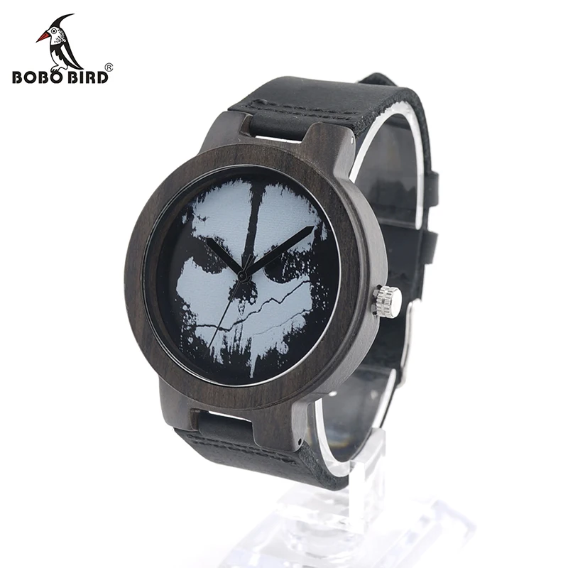 

BOBO BIRD V-D24 Halloween Skull Feature Design Wood Watch Mysterious Quartz Wristwatch HalLoween Accessory for Party
