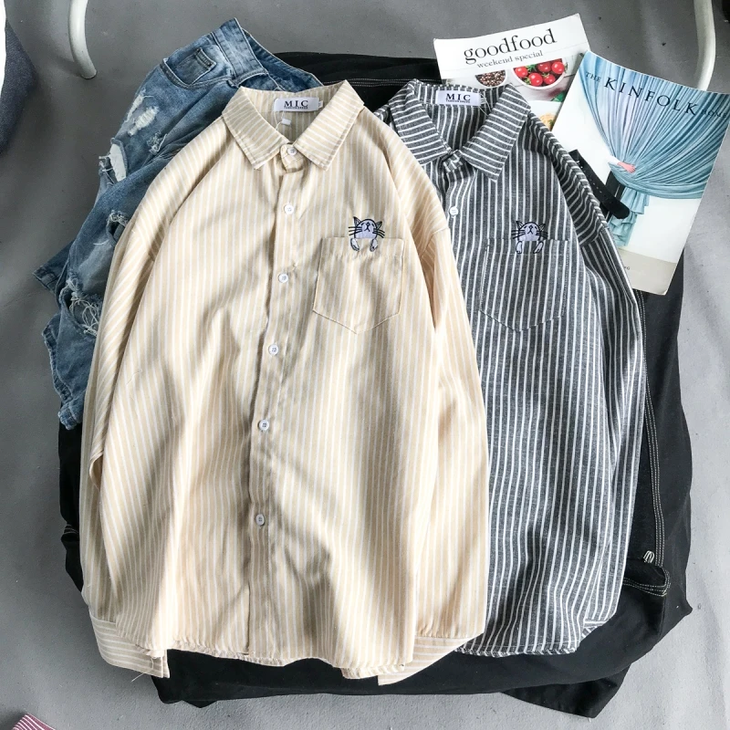 

2018 Spring Autumn Men Women Fashion Brand Vintage Classic Vertical Striped Loose Korea BF Style Shirt Male Casual Lover Shirts