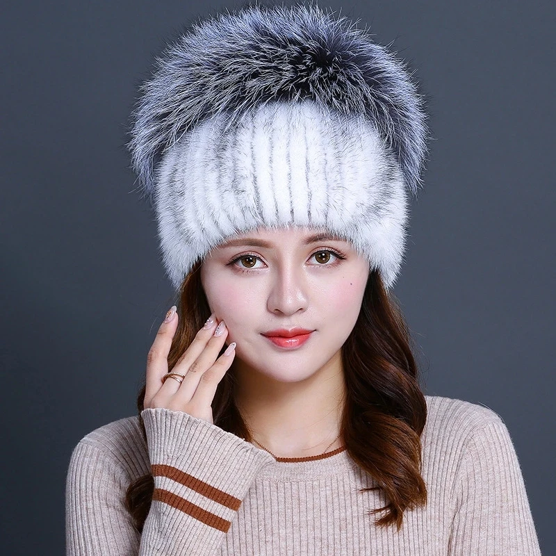 Женская Зимняя Вязаная Шапка бини с помпоном из лисьего меха|pom pom hat|pom hatsmink fur hats |
