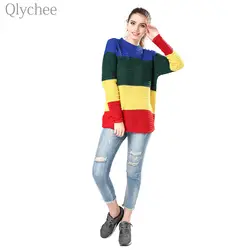 Qlychee Harajuku осень-зима Для женщин свитер Радуга Цвет блока трикотажные свободный свитер теплый с длинным рукавом женский джемпер