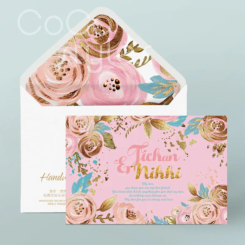  Cocostyles custom vintage gold foiling edge floral design invitation card with match envelope for g - 32891632588