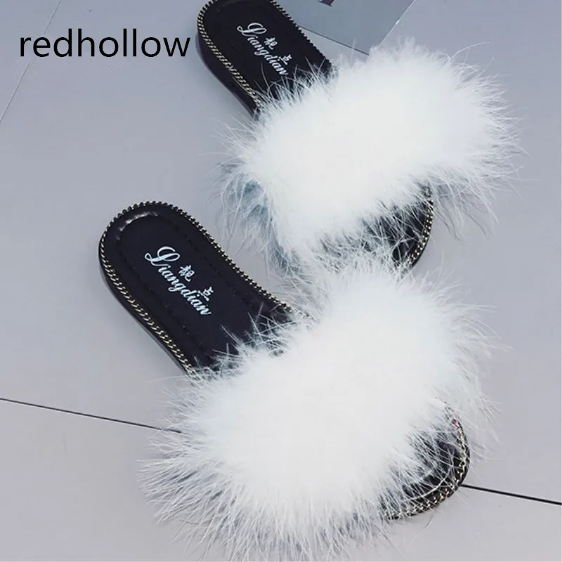 

Summer Slides Sandals Fashion Ostrich Feathers Slippers Beach Sweet Pantufa 2018 Fur Flip Flops Casual Flats Shoes Woman Soft