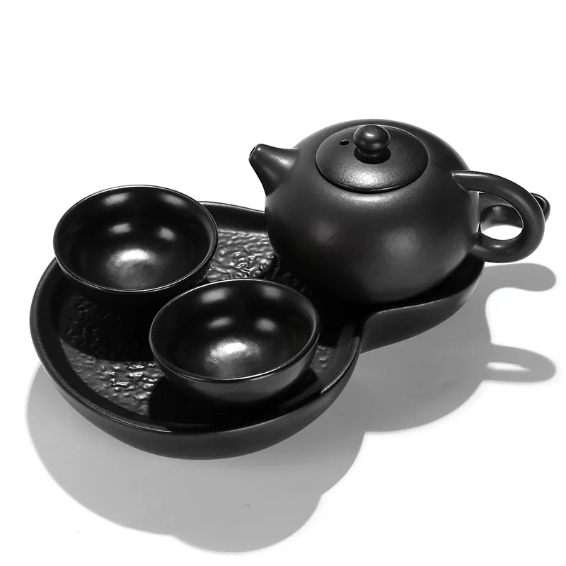  A pot of two cups of antique rough pottery with dry tea tray portable travel Kung Fu tea gift