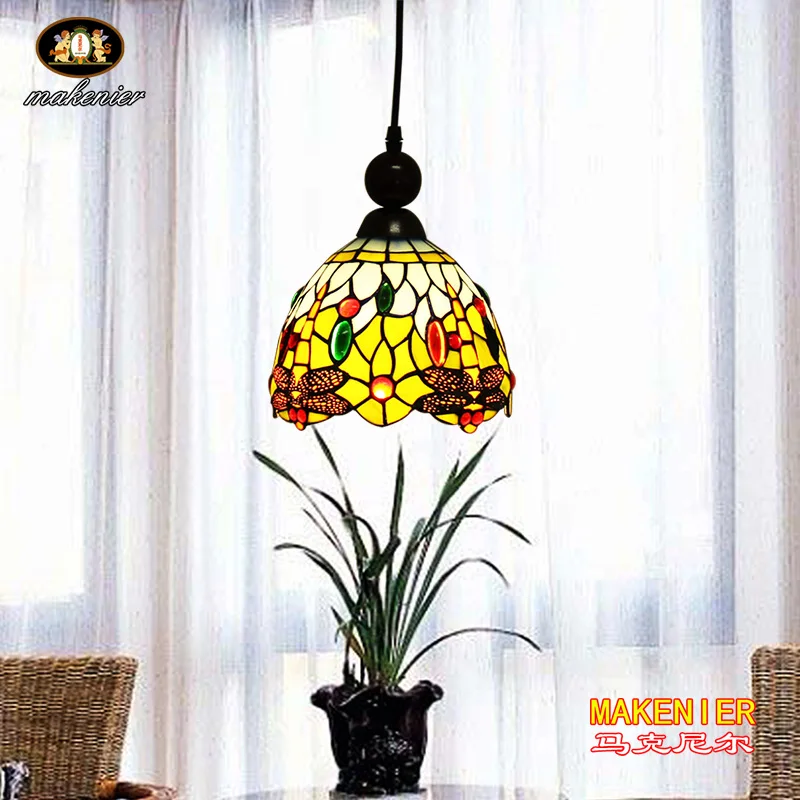 

Makenier Tiffany Style Stained Glass Blue Dragonfly Vintage Small Pendant Lamp, 7 Inches Lampshade