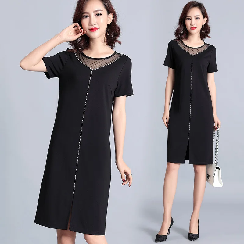 2019Summer Fashion Ladies elegant shift dress Plus Size Beaded O neck mesh patchwork OL Black casual vestidos roupas M-5XL | Женская